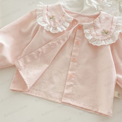 Camicia da bambina in cotone con colletto Peter Pan ricamato - image 6