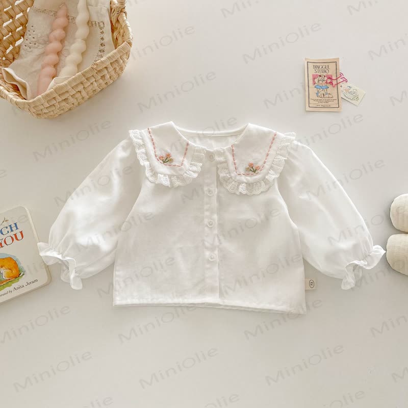 Camicia da bambina in cotone con colletto Peter Pan ricamato - Bianco - 4-5T - image 3