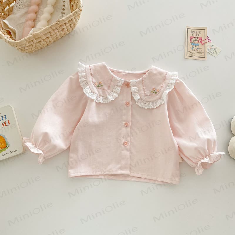 Camicia da bambina in cotone con colletto Peter Pan ricamato - Rosa - 4-5T - image 4