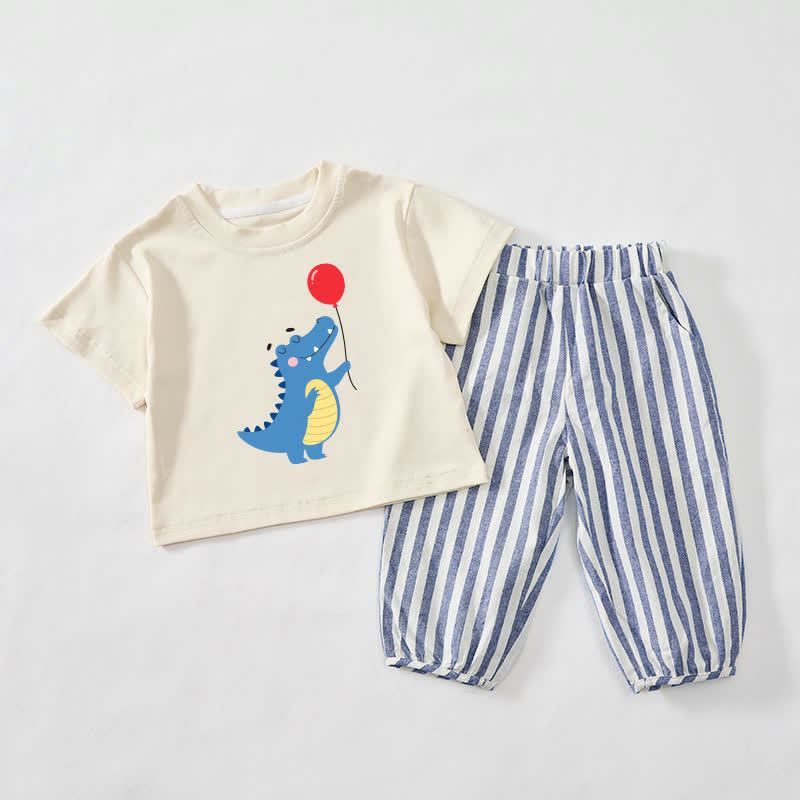Completo da 2 pezzi per neonati e bambini piccoli con dinosauri, fantasia a righe verticali beige e blu. - Beige e blu - 3-4 anni - image 1