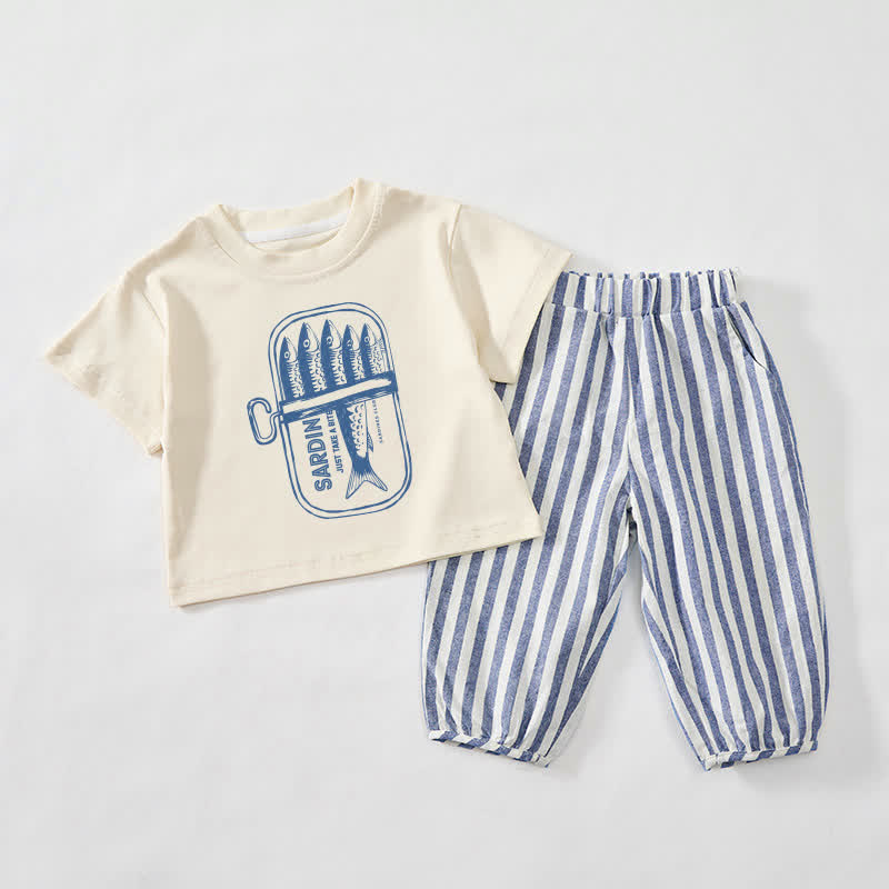 Set da 2 pezzi per neonati e bambini piccoli con stampa di sardine in scatola, a righe verticali beige e blu. - Beige e blu - 3-4 anni - image 1