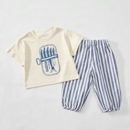 Set da 2 pezzi per neonati e bambini piccoli con stampa di sardine in scatola, a righe verticali beige e blu. - Beige e blu - 3-4 anni - image 1