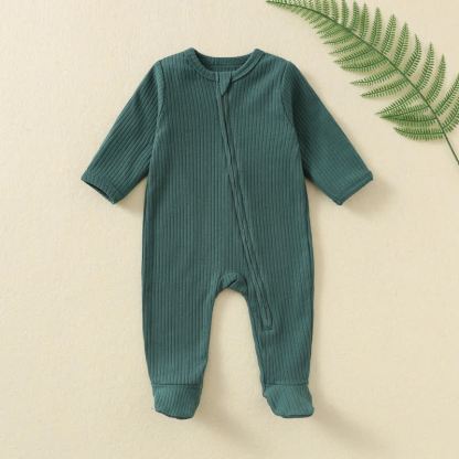 Tutina da neonato a maniche lunghe a coste, tinta unita, con cerniera - Verde scuro - 12 milioni - image 3