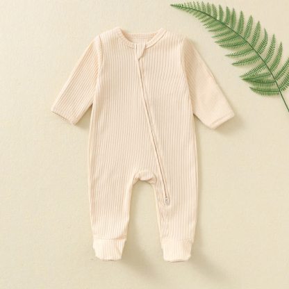 Tutina da neonato a maniche lunghe a coste, tinta unita, con cerniera - Beige - 12 milioni - image 9