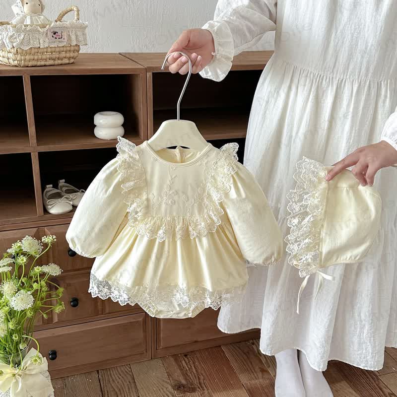 Baby Lace Skirted Bodysuit with Bonnet - Beige - 18-24M - image 1
