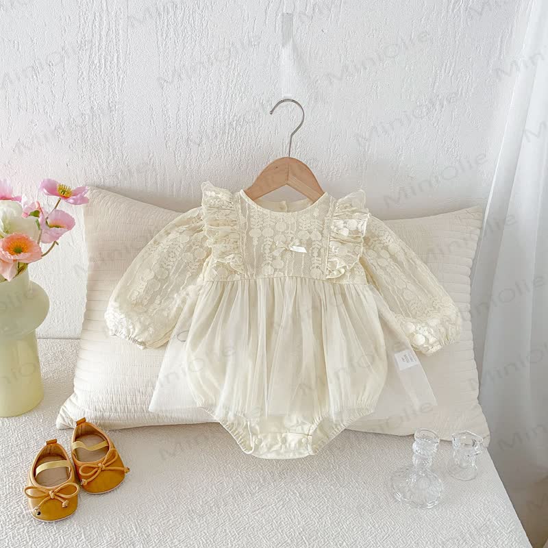 Baby Lace Tulle Puff Sleeve Skirted Bodysuit - image 3