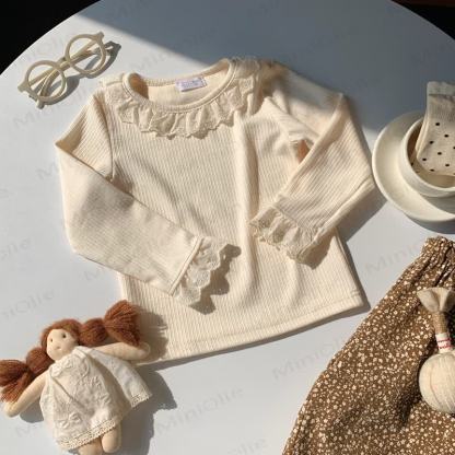Maglietta a maniche lunghe con volant e pizzo per bambina - Beige - 8-9T - image 7