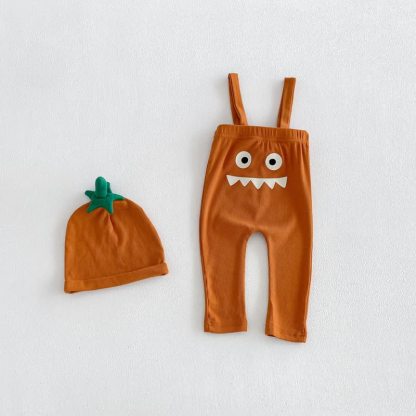 Tutina a coste tinta unita per neonati o salopette a tema Halloween con cappello - Tuta arancione - 18-24 mesi - image 4
