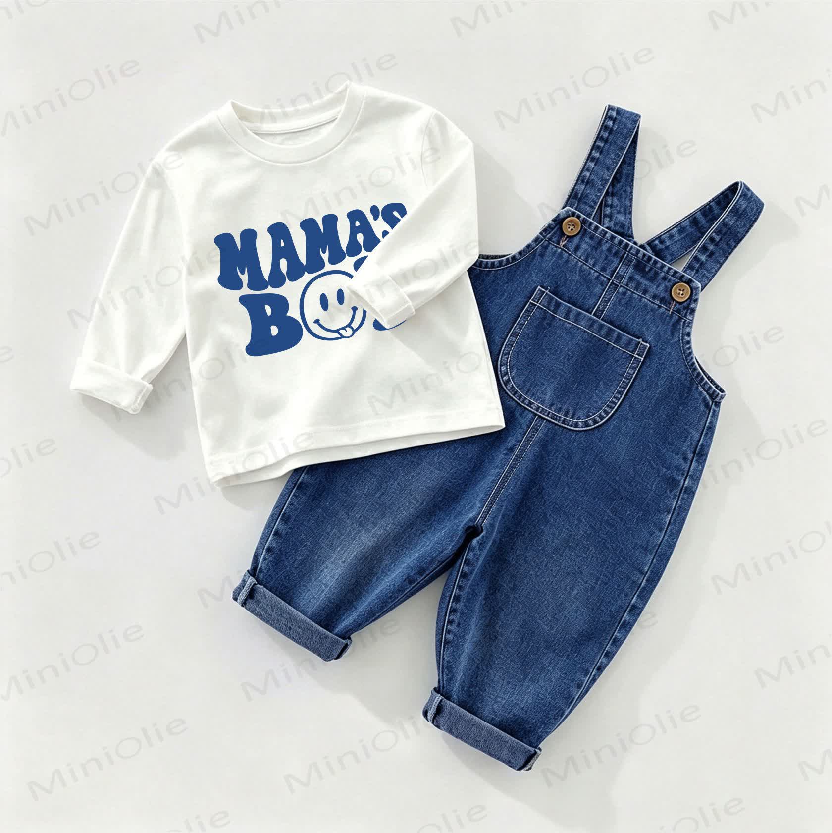 Completo da neonato MAMA'S BOY composto da salopette e maglietta in denim. - Bianco e Blu - 2-3T - image 1