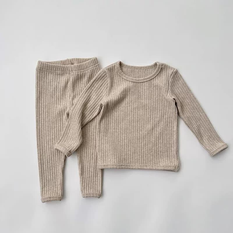 Completo pigiama per neonato/a a tinta unita con maglia a coste a maniche lunghe e pantaloni - Beige - 6-7T - image 2