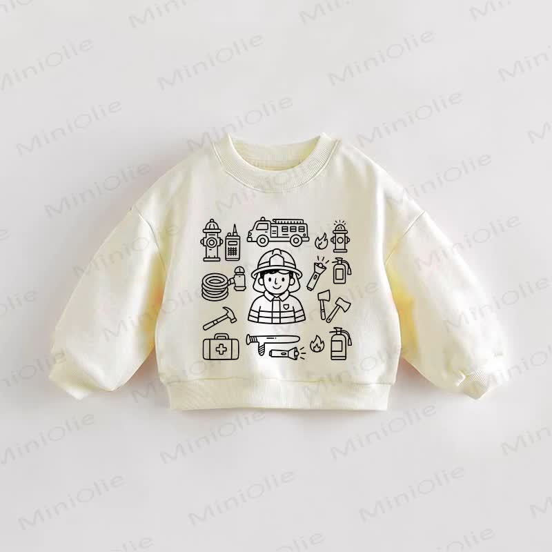 Felpa color crema per neonati e bambini con stampa di un pompiere dei cartoni animati. - Crema - 3-5T - image 1