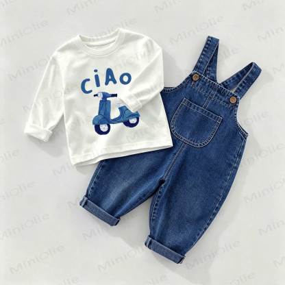 Completo CIAO Baby composto da salopette e maglietta in denim, due pezzi. - Bianco e Blu - 2-3T - image 1