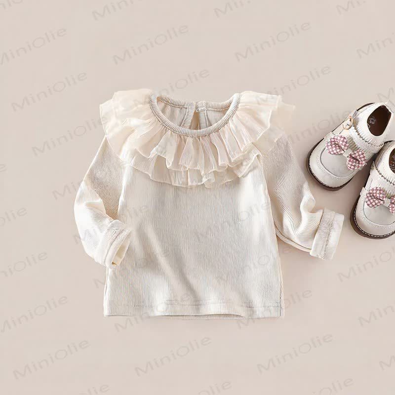 Maglietta a coste con colletto a volant per bambina - Beige - 4-5T - image 3