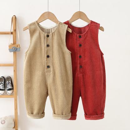 Salopette per bambini in velluto a coste tinta unita, stile vintage, con bottoni sul davanti. - image 1