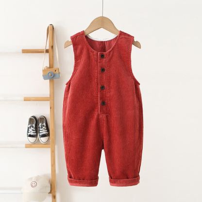 Salopette per bambini in velluto a coste tinta unita, stile vintage, con bottoni sul davanti. - Rosso - 4-5T - image 3