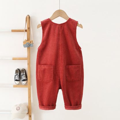 Salopette per bambini in velluto a coste tinta unita, stile vintage, con bottoni sul davanti. - image 4
