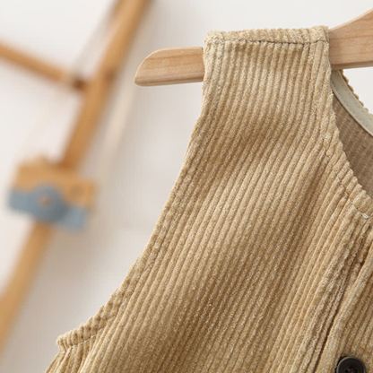 Salopette per bambini in velluto a coste tinta unita, stile vintage, con bottoni sul davanti. - image 7