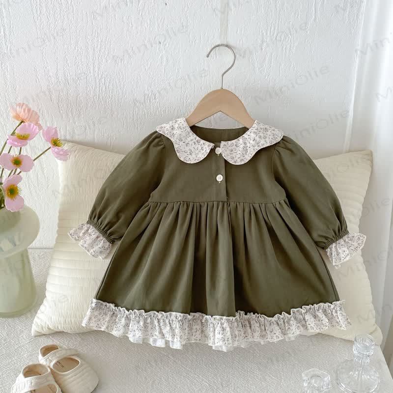 Vestitino da bambina con colletto a fiori e maniche a sbuffo. - Verde oliva - 3-4 anni - image 7