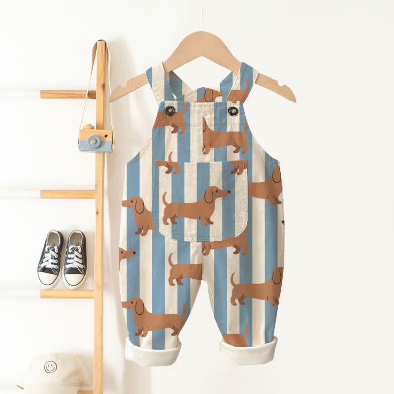 Salopette per neonati e bambini piccoli a righe beige con stampa bassotto e tasche - Beige - 3-5T - image 1