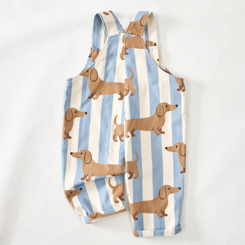 Salopette per neonati e bambini piccoli a righe beige con stampa bassotto e tasche - image 3
