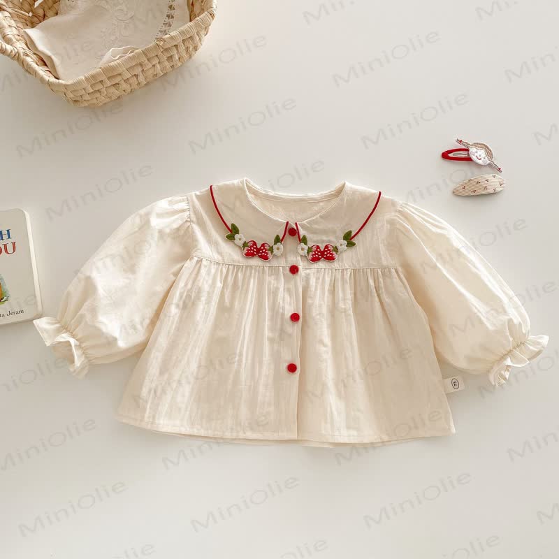 Camicia con colletto Peter Pan e maniche a sbuffo con ricami di fragole. - Beige - 4-5T - image 1