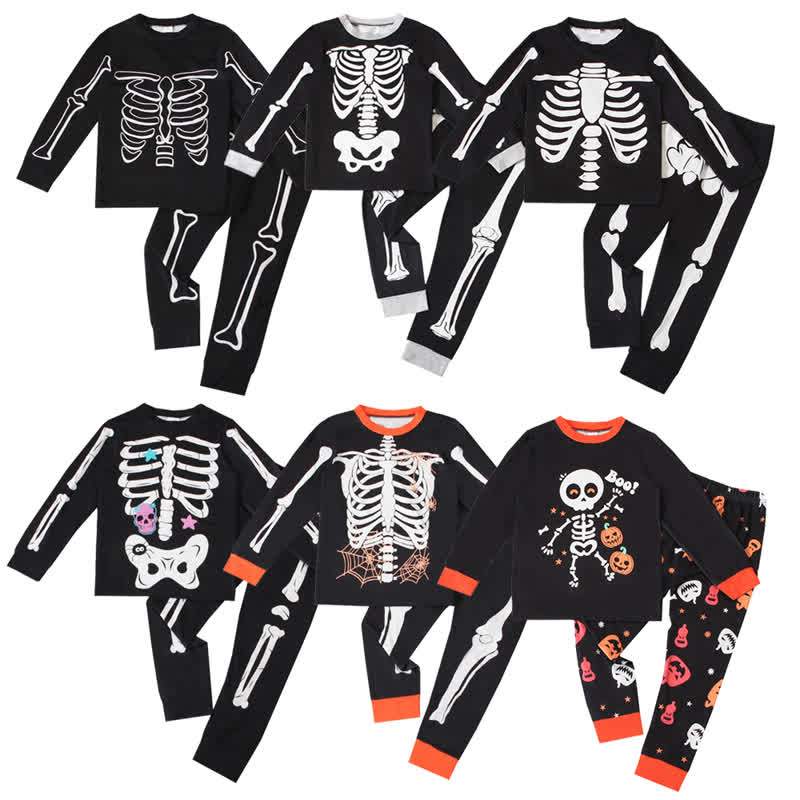 Set pigiama a maniche lunghe per bambini con scheletro, ideale per Halloween, composto da due pezzi. - image 1