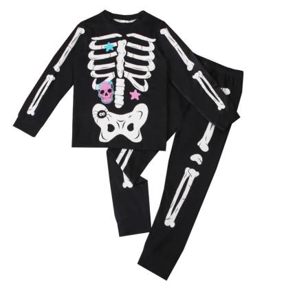 Set pigiama a maniche lunghe per bambini con scheletro, ideale per Halloween, composto da due pezzi. - Teschio Nero - 8 anni - image 4