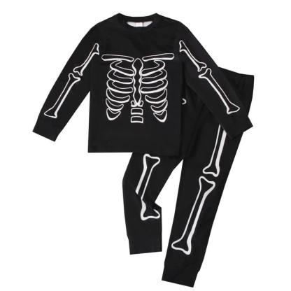 Set pigiama a maniche lunghe per bambini con scheletro, ideale per Halloween, composto da due pezzi. - Ossa Nere - 8 anni - image 7