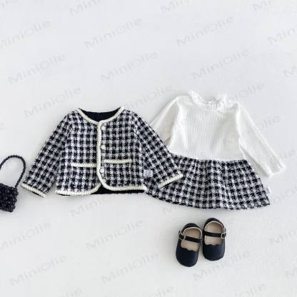 Completo da bambina composto da capospalla e vestitino a coste con stampa pied de poule. - Bianco e nero - 2-3T - image 1