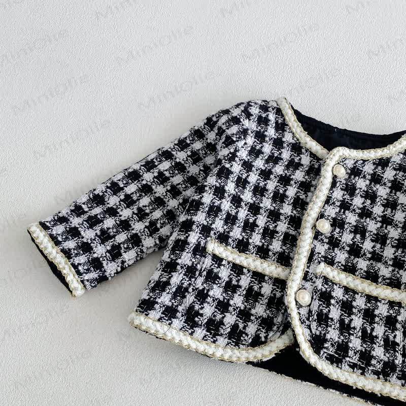Completo da bambina composto da capospalla e vestitino a coste con stampa pied de poule. - image 9