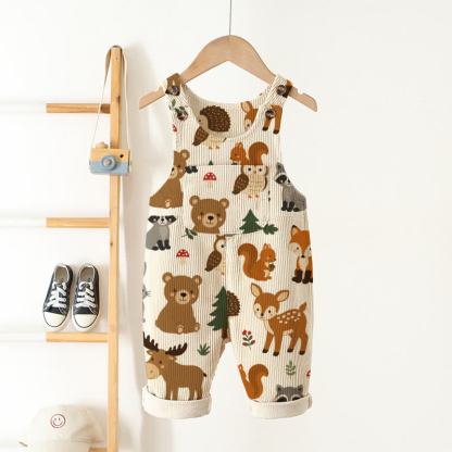 Salopette per neonati e bambini piccoli in velluto a coste beige con stampa animalier e tasche - Beige - 3-5T - image 1