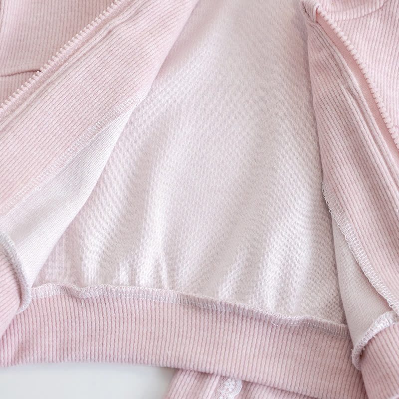 Completo da bambina composto da felpa con cappuccio e pantaloni rosa con orecchie da coniglio. - image 5