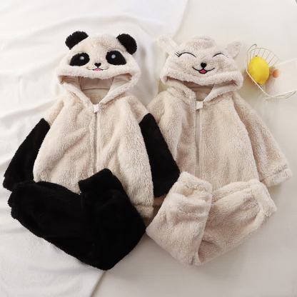 Completo pigiama per neonati e bambini piccoli con giacca con cappuccio e pantaloni in peluche con orecchie di animale. - image 1