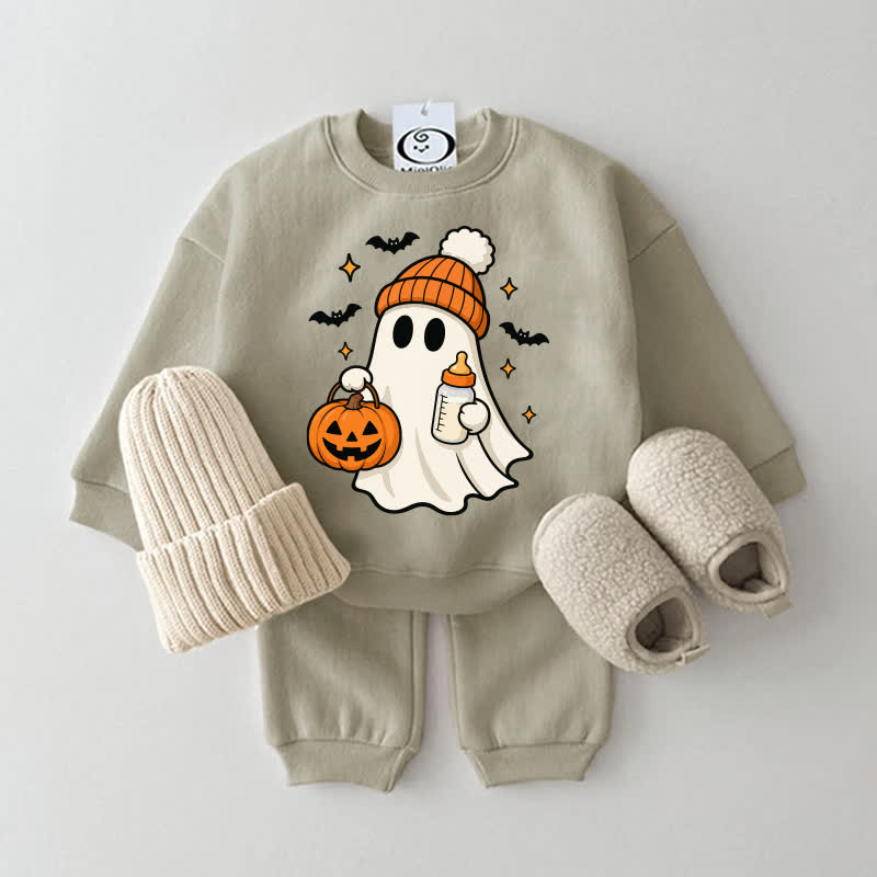 Set di 2 pezzi con felpa grigio-verde e lanterna a forma di zucca e fantasmino. - Grigio Verde - 2-3T - image 1