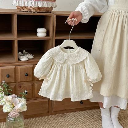 Vestito da bambina con colletto Peter Pan e maniche lunghe, ricamato a fiori - Beige - 6-7T - image 1