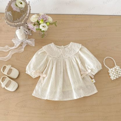 Vestito da bambina con colletto Peter Pan e maniche lunghe, ricamato a fiori - image 3