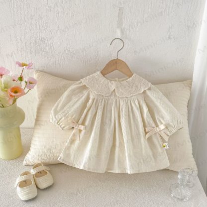Vestito da bambina con colletto Peter Pan e maniche lunghe, ricamato a fiori - image 4