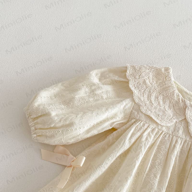 Vestito da bambina con colletto Peter Pan e maniche lunghe, ricamato a fiori - image 7