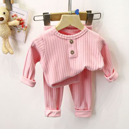 Completo pigiama a due pezzi Henley a coste per bambini - Rosa - 8-9T - image 3