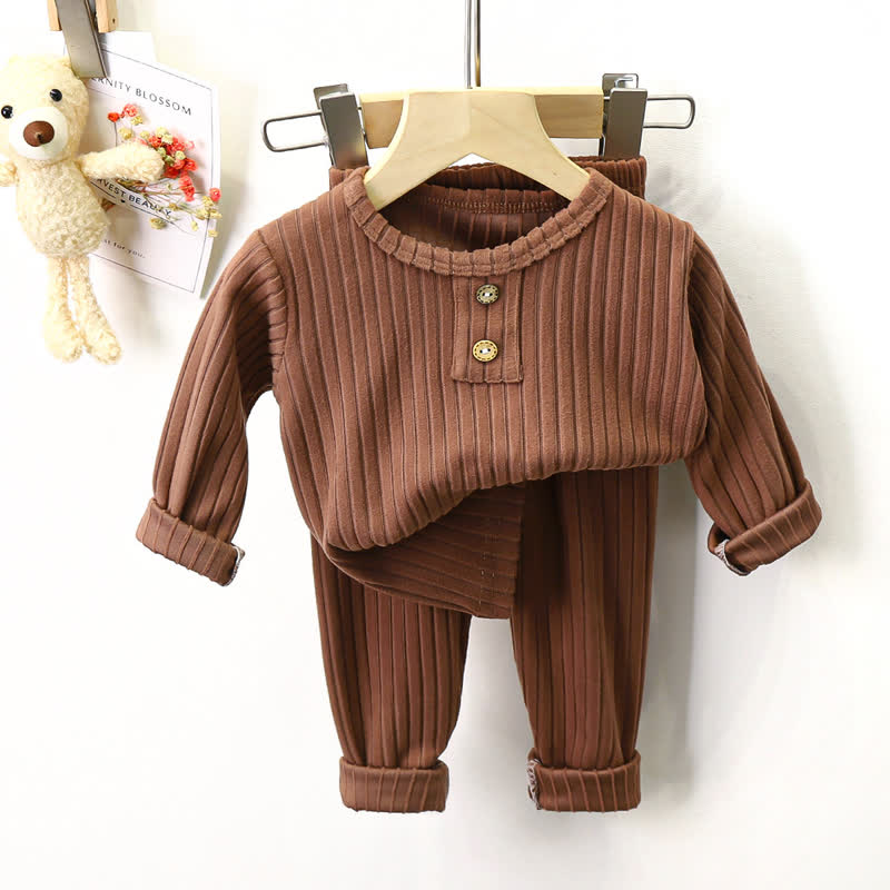 Completo pigiama a due pezzi Henley a coste per bambini - Marrone - 8-9T - image 4