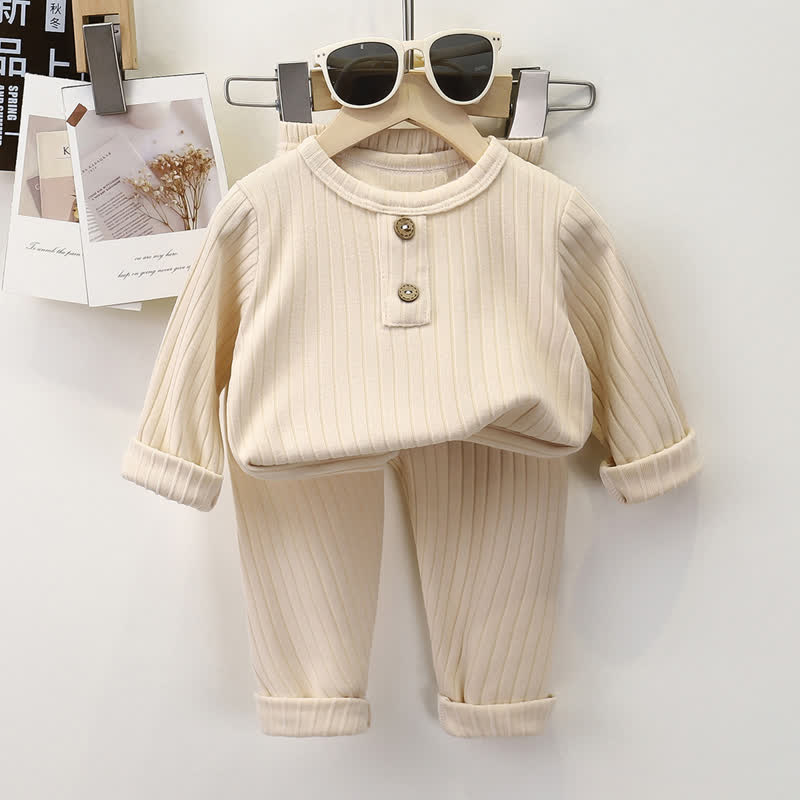 Completo pigiama a due pezzi Henley a coste per bambini - Beige - 8-9T - image 7