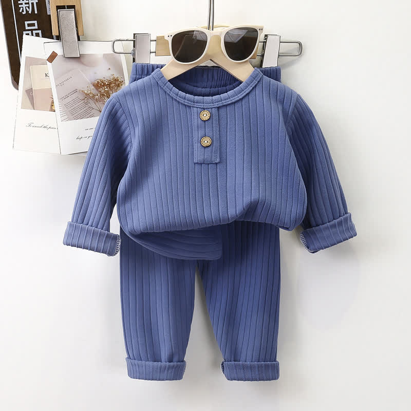 Completo pigiama a due pezzi Henley a coste per bambini - Blu - 8-9T - image 8