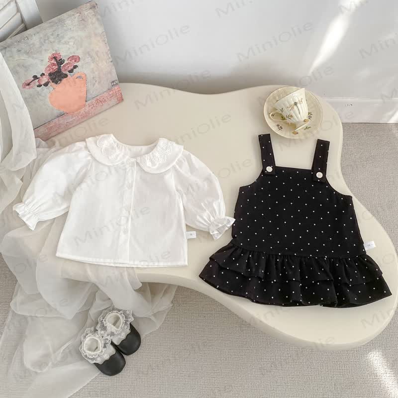 Vestitino a salopette a pois e camicetta di pizzo per bambina - image 4