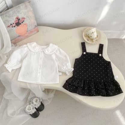 Vestitino a salopette a pois e camicetta di pizzo per bambina - image 4