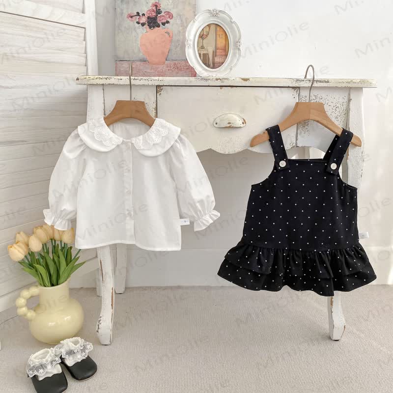 Vestitino a salopette a pois e camicetta di pizzo per bambina - image 5