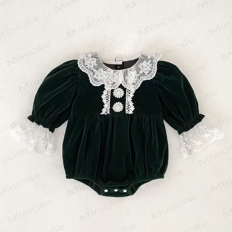 Completo composto da vestitino e body in velluto con colletto in pizzo per bambina. - Body verde - 18-24 mesi - image 5