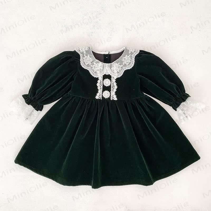 Completo composto da vestitino e body in velluto con colletto in pizzo per bambina. - Abito verde - 6-7T - image 6