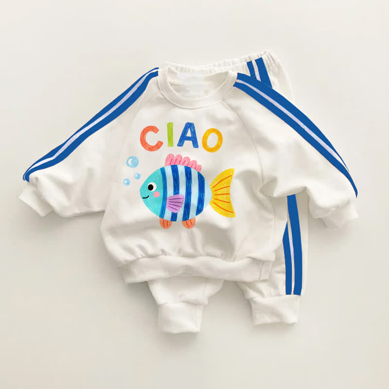 Completo CIAO per neonati e bambini piccoli, modello a righe blu con pesciolini, composto da 2 pezzi. - Bianco e Blu - 3-5T - image 1