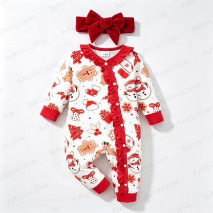Tutina da neonata con stampa natalizia, volant sul davanti e fascia per capelli. - image 1
