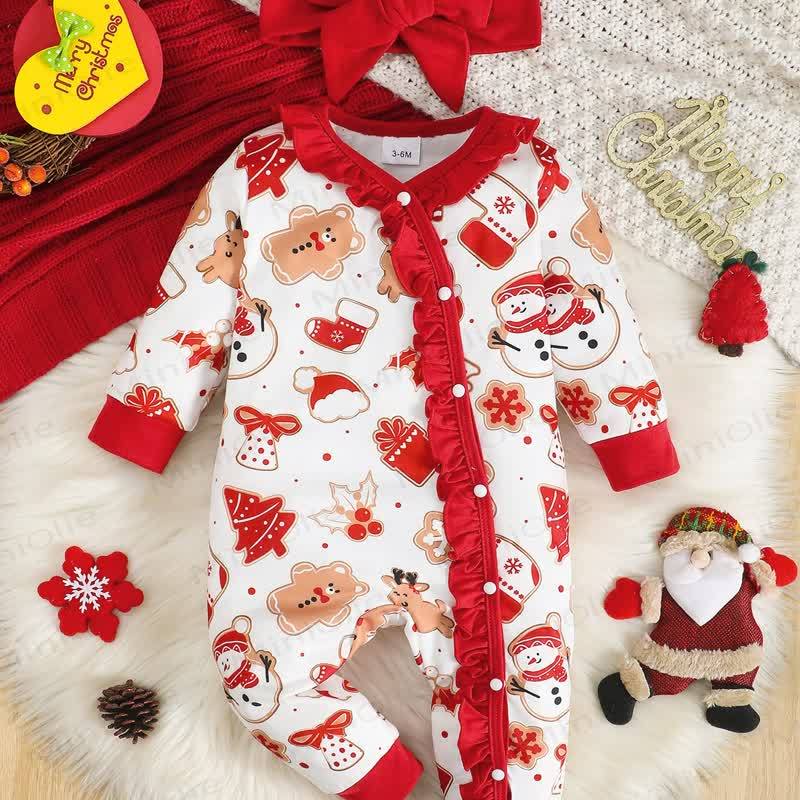 Tutina da neonata con stampa natalizia, volant sul davanti e fascia per capelli. - image 4